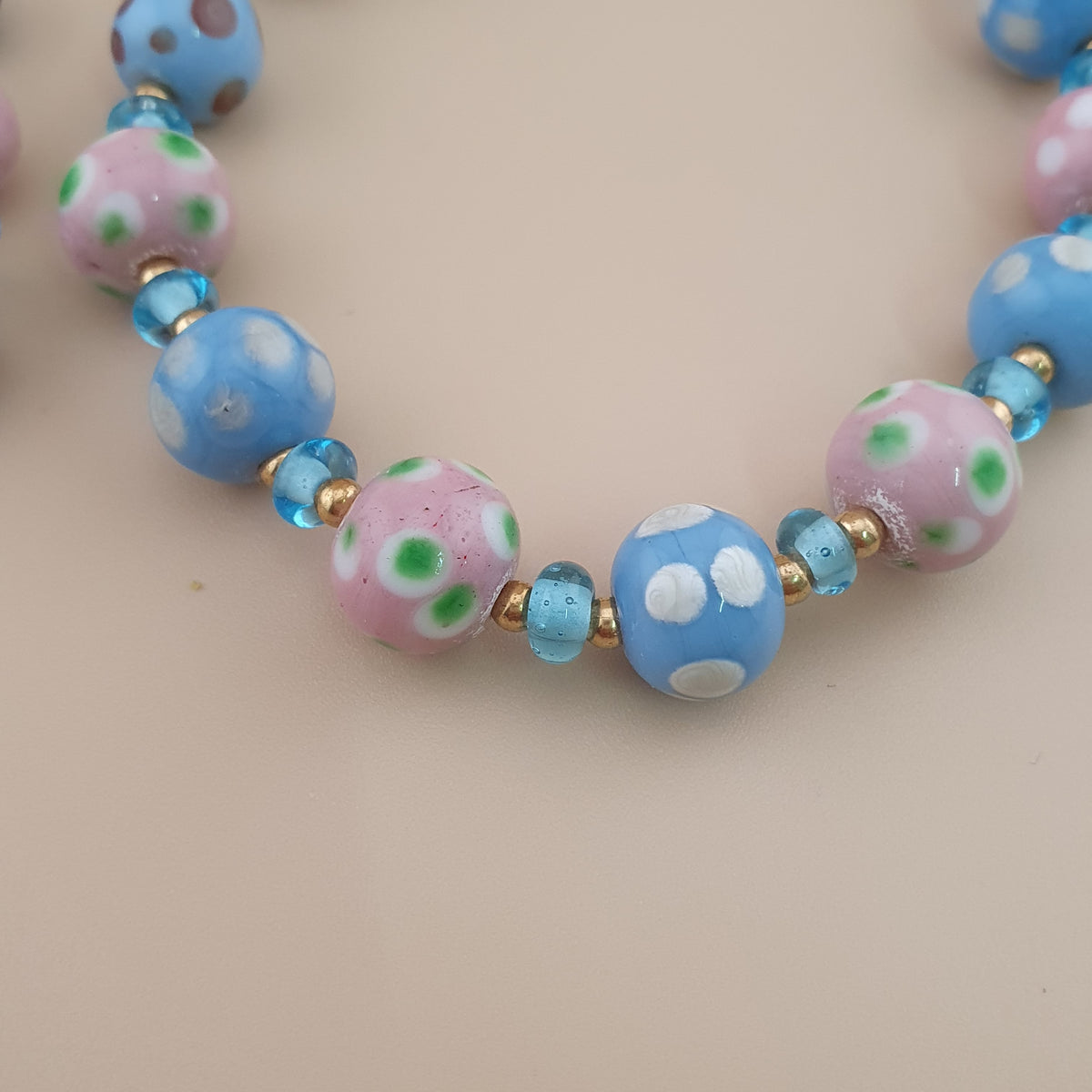 Antique Venetian Style Sky blue & pink Dotted Glass Beads Necklace