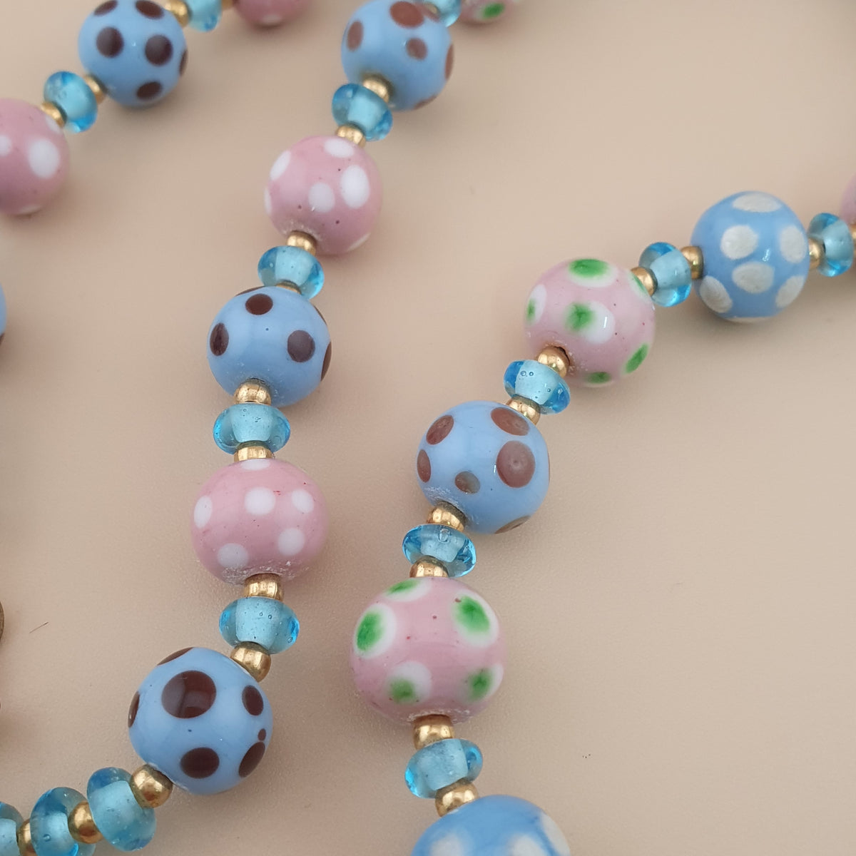 Antique Venetian Style Sky blue & pink Dotted Glass Beads Necklace