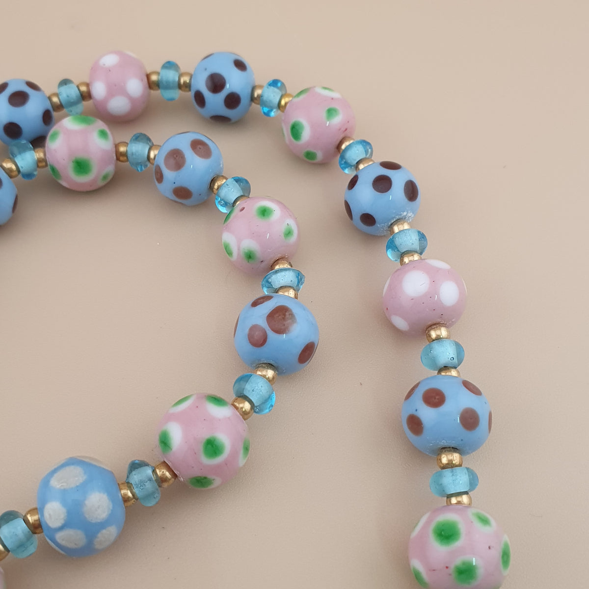 Antique Venetian Style Sky blue & pink Dotted Glass Beads Necklace