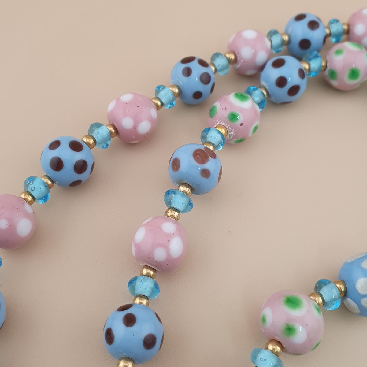 Antique Venetian Style Sky blue & pink Dotted Glass Beads Necklace