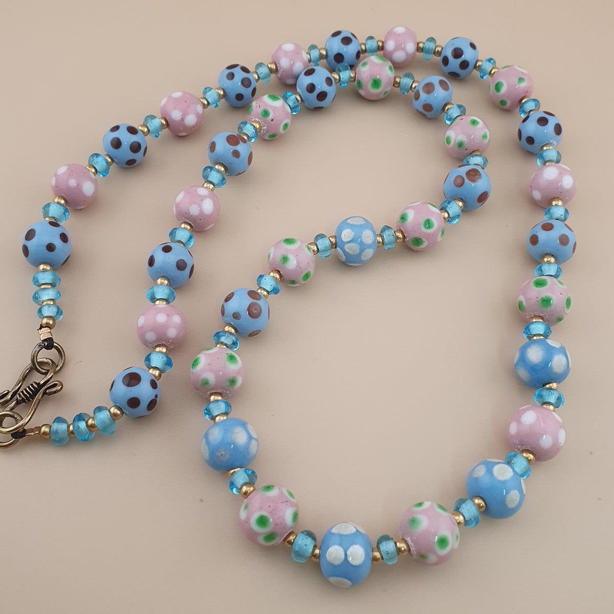 Antique Venetian Style Sky blue & pink Dotted Glass Beads Necklace