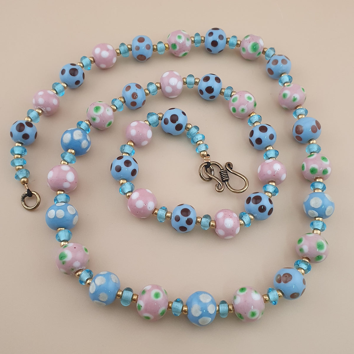 Antique Venetian Style Sky blue & pink Dotted Glass Beads Necklace
