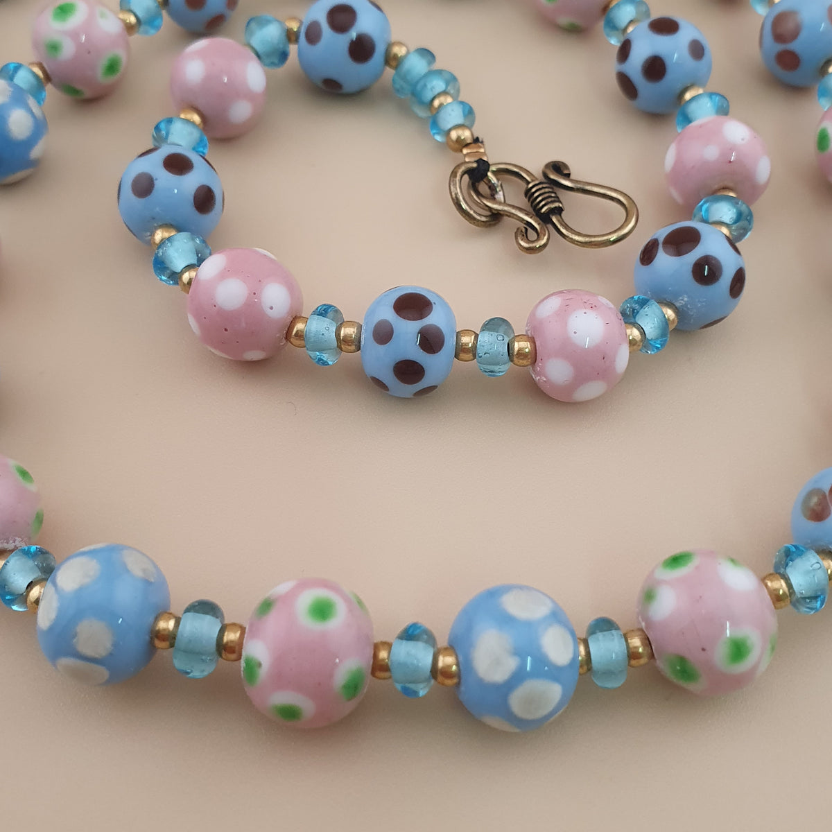 Antique Venetian Style Sky blue & pink Dotted Glass Beads Necklace