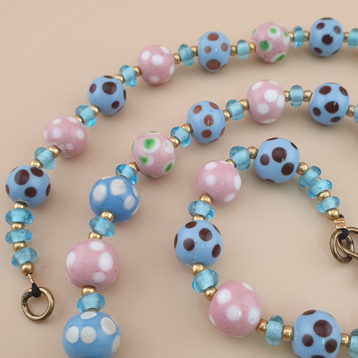 Antique Venetian Style Sky blue & pink Dotted Glass Beads Necklace