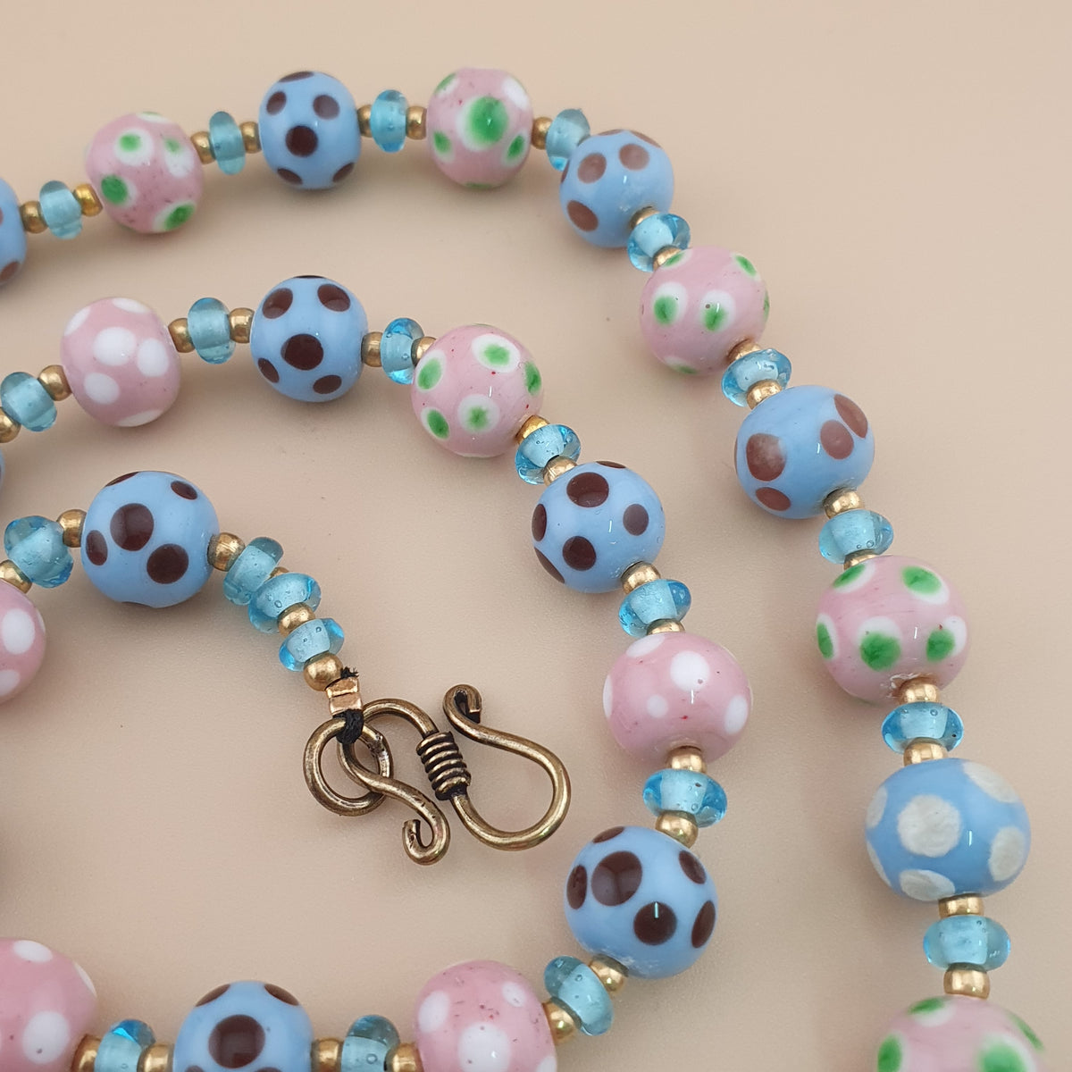 Antique Venetian Style Sky blue & pink Dotted Glass Beads Necklace