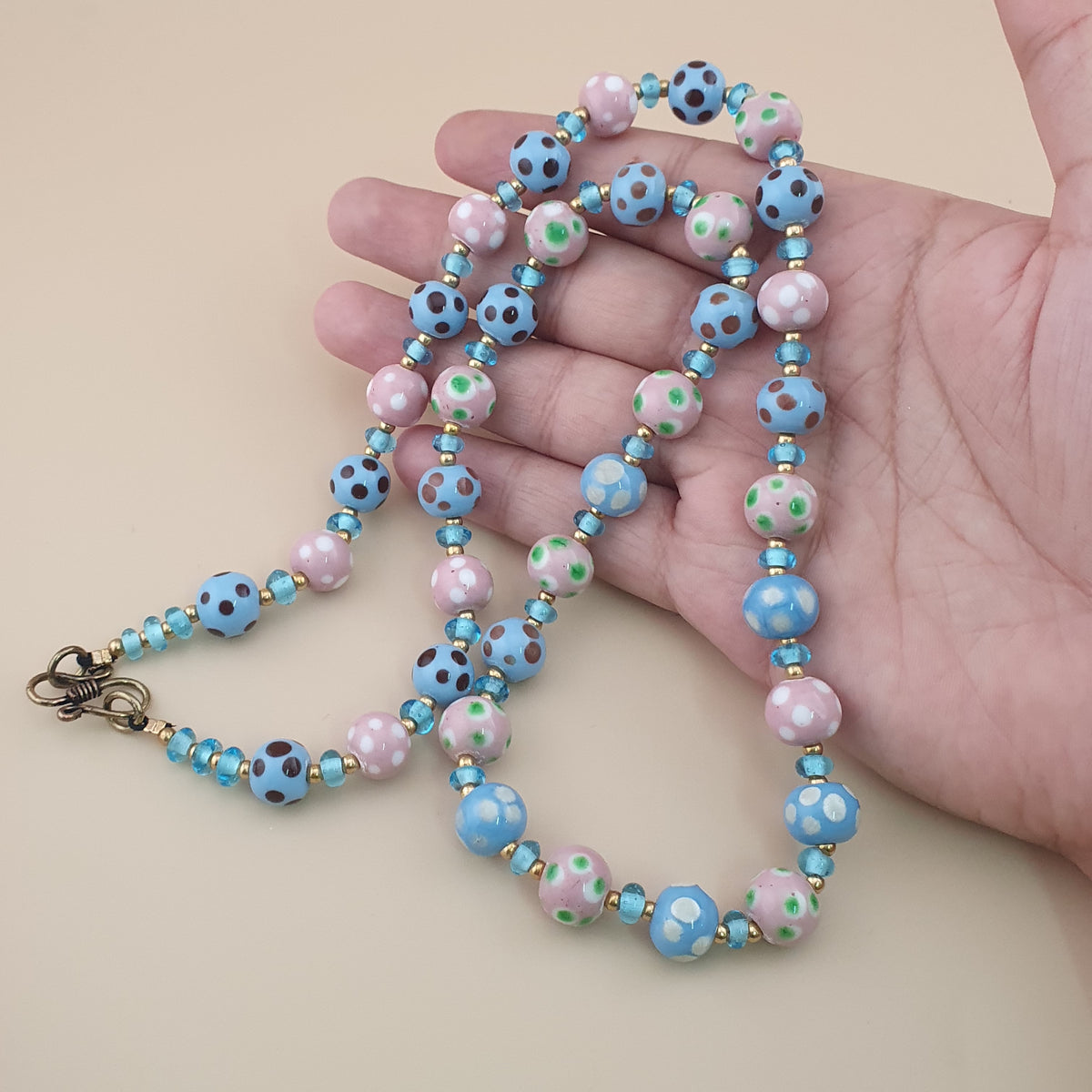 Antique Venetian Style Sky blue & pink Dotted Glass Beads Necklace