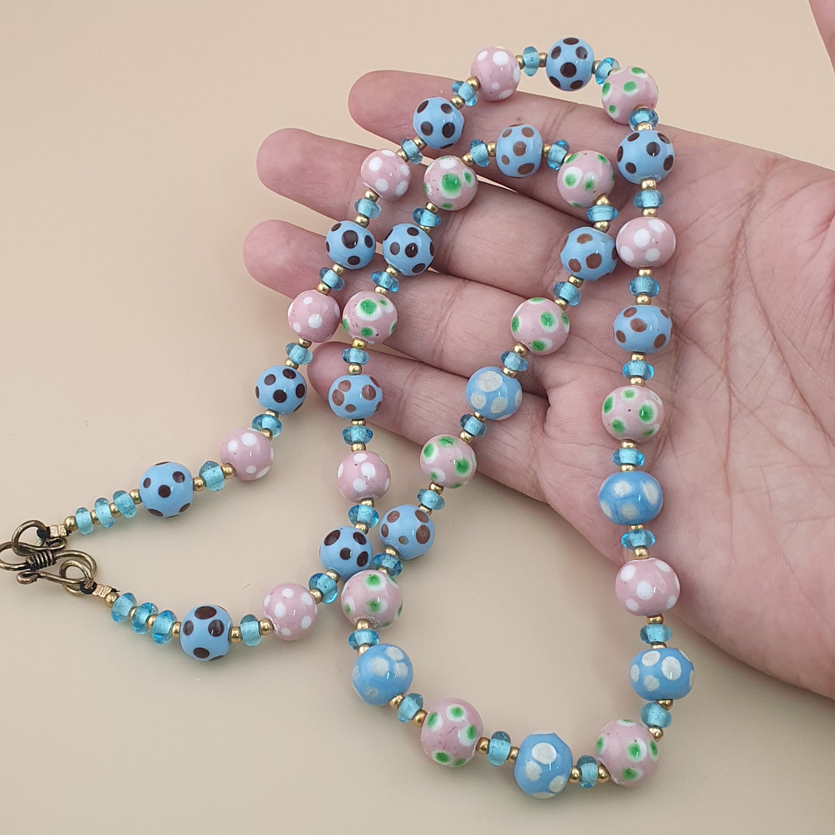 Antique Venetian Style Sky blue & pink Dotted Glass Beads Necklace