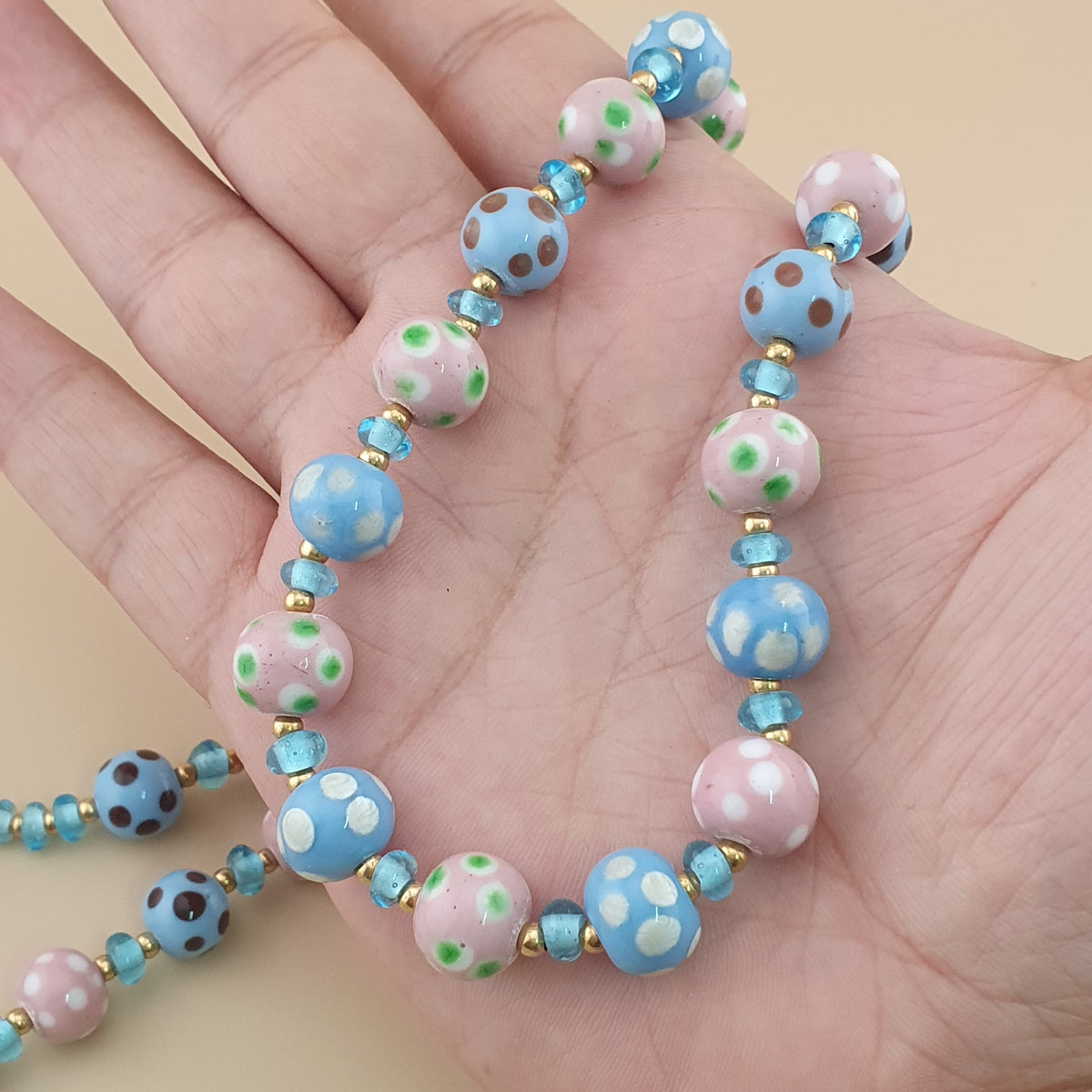 Antique Venetian Style Sky blue & pink Dotted Glass Beads Necklace
