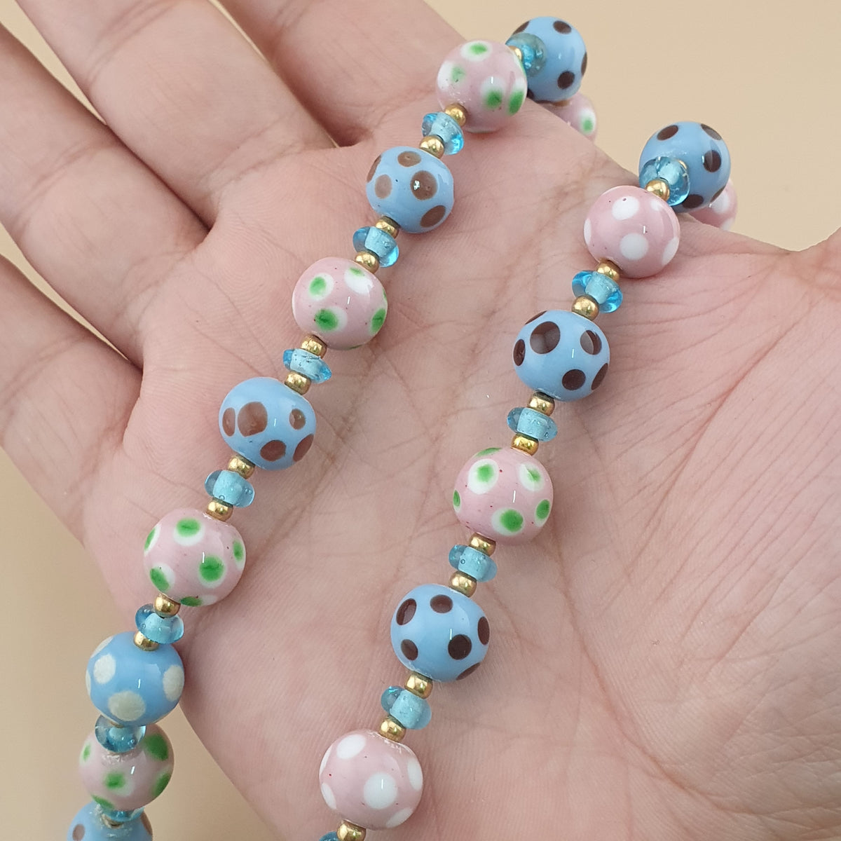 Antique Venetian Style Sky blue & pink Dotted Glass Beads Necklace