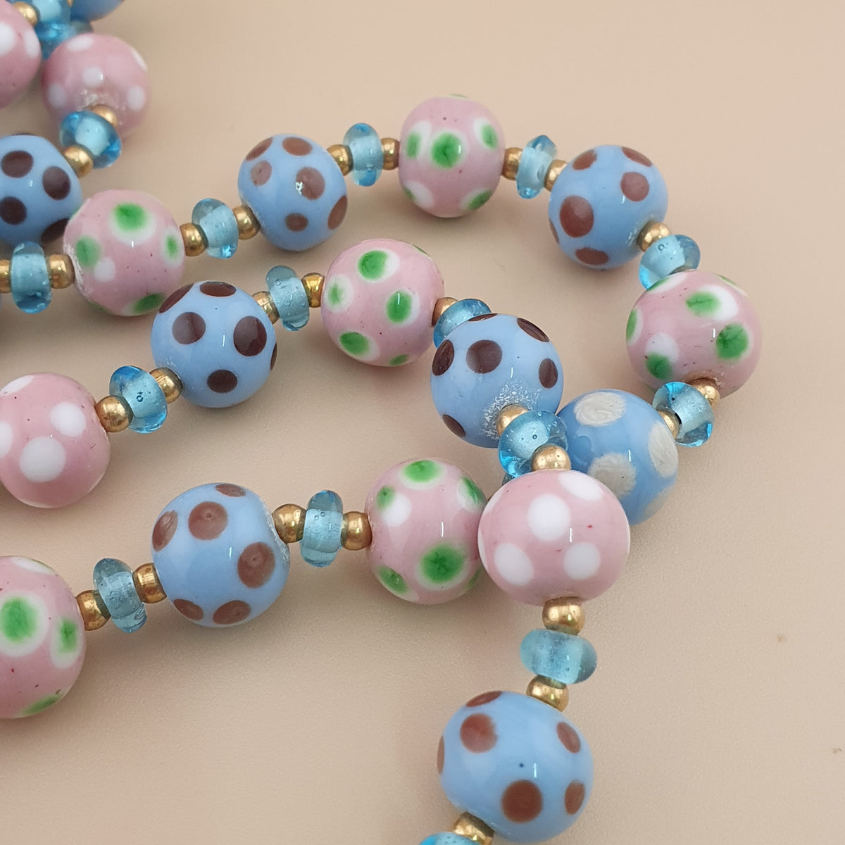 Antique Venetian Style Sky blue & pink Dotted Glass Beads Necklace