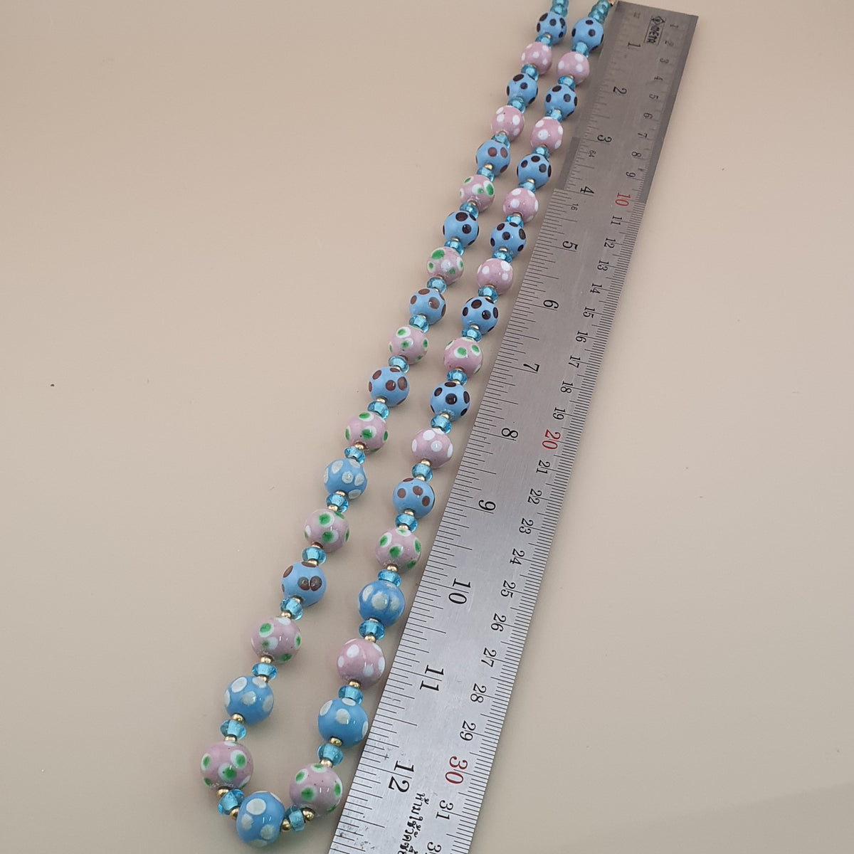 Antique Venetian Style Sky blue & pink Dotted Glass Beads Necklace