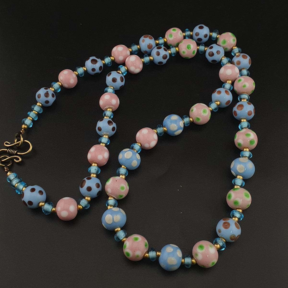 Antique Venetian Style Sky blue & pink Dotted Glass Beads Necklace