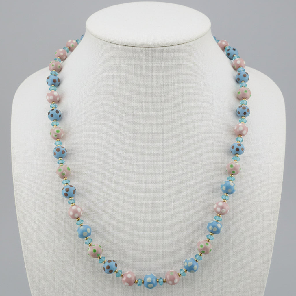 Antique Venetian Style Sky blue & pink Dotted Glass Beads Necklace