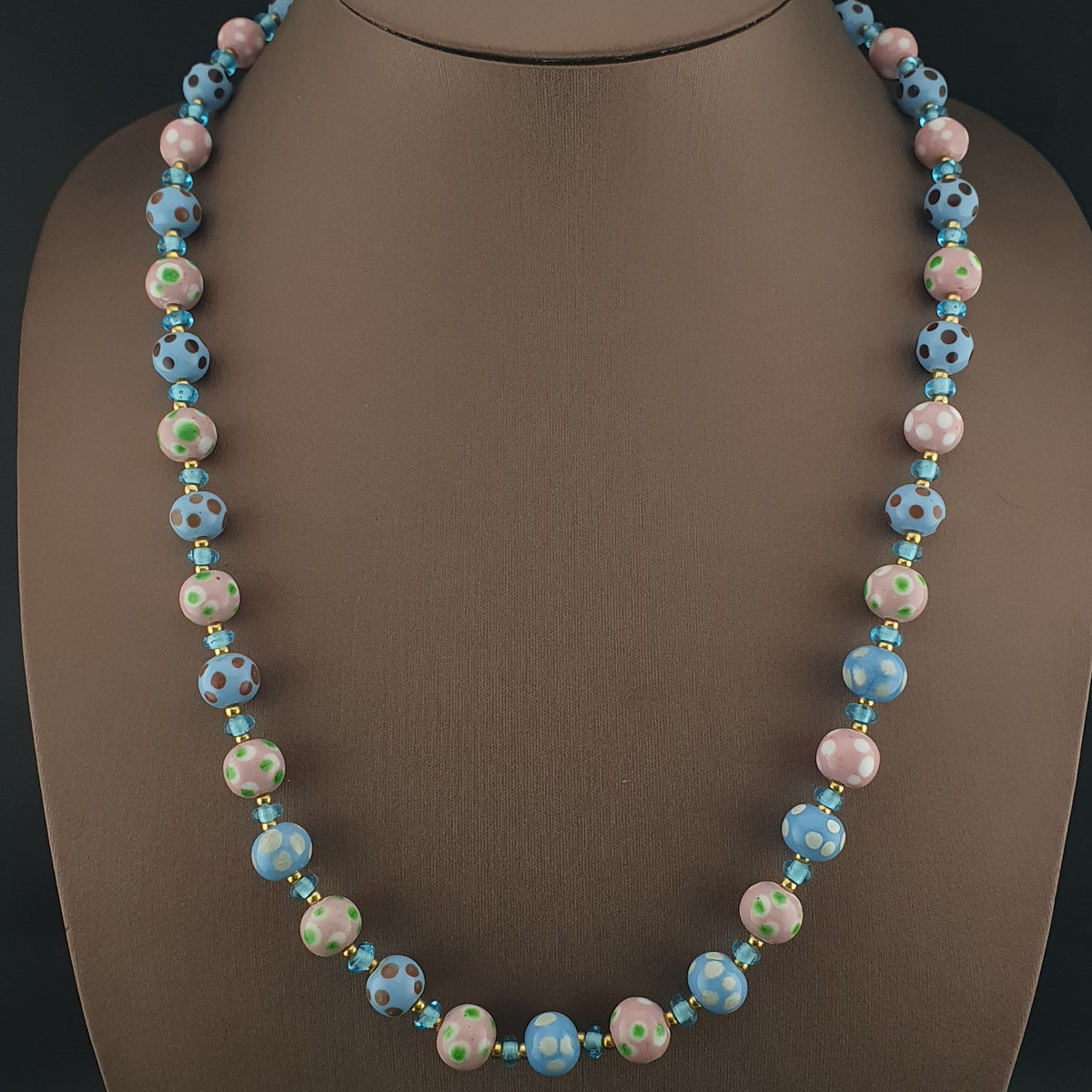 Antique Venetian Style Sky blue & pink Dotted Glass Beads Necklace