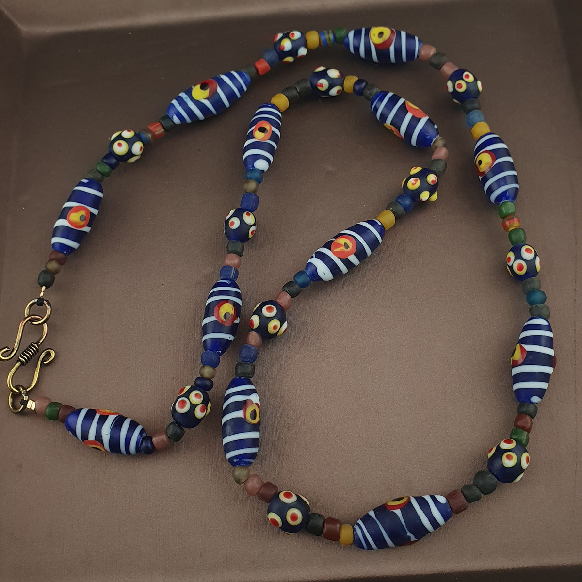 Vintage Venetian Style Strip Blue Eyes Skunk Trade Glass Beads Necklace