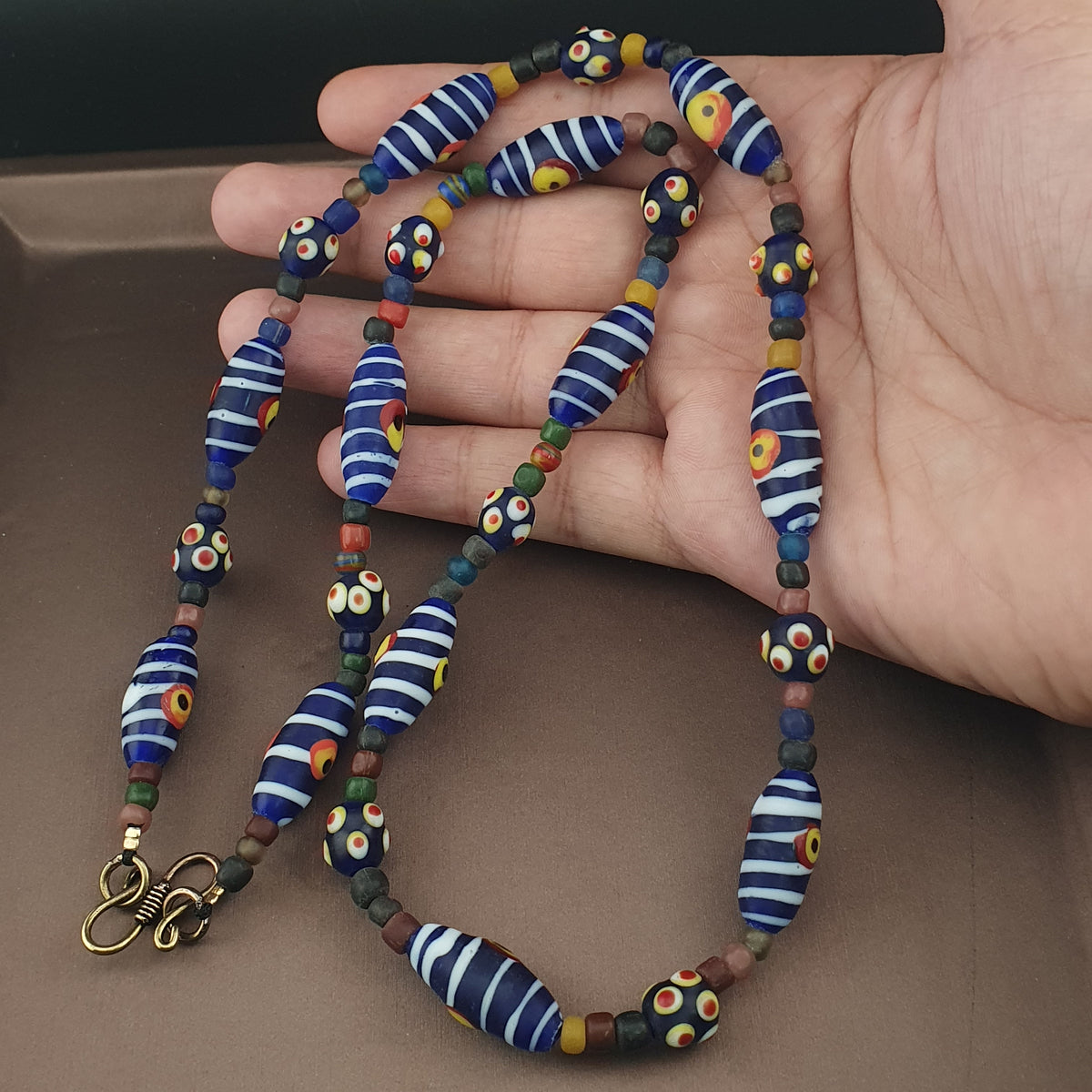 Vintage Venetian Style Strip Blue Eyes Skunk Trade Glass Beads Necklace
