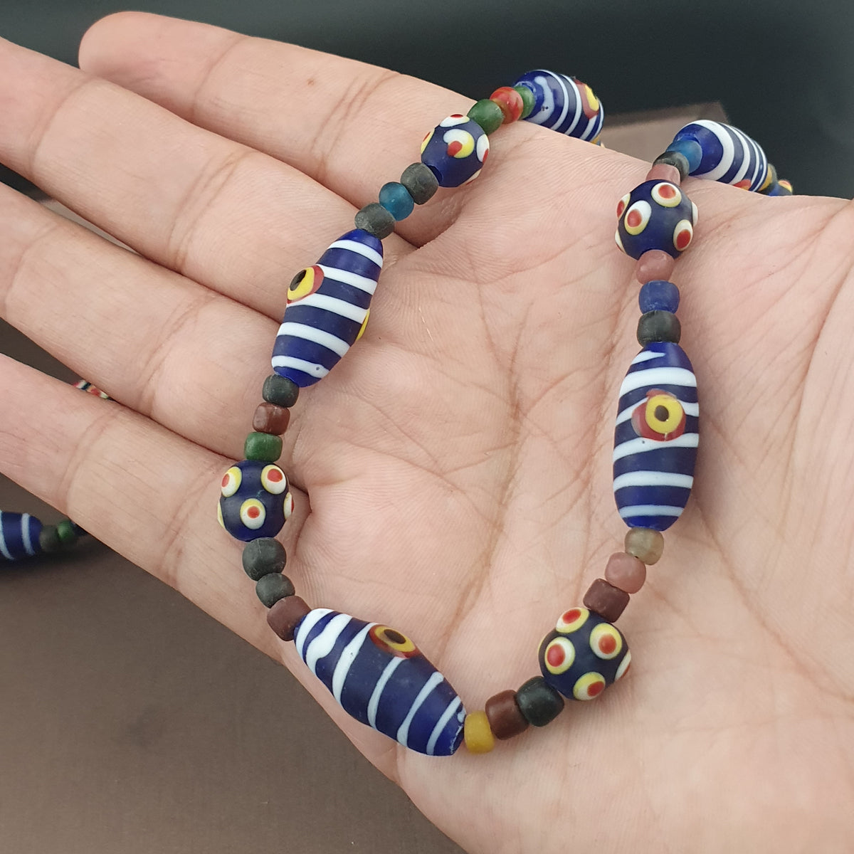 Vintage Venetian Style Strip Blue Eyes Skunk Trade Glass Beads Necklace