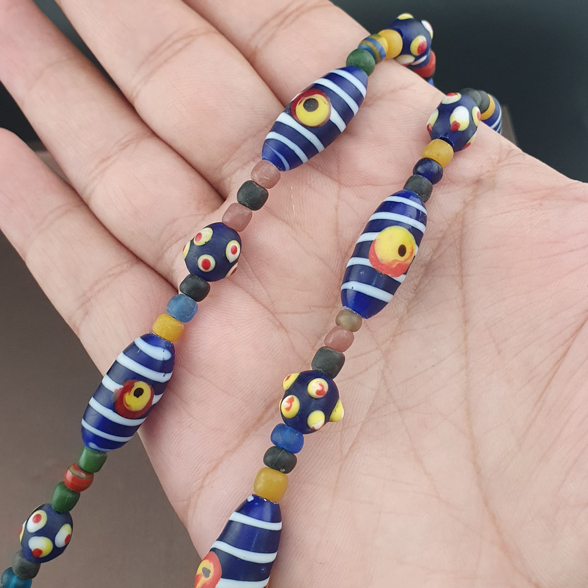 Vintage Venetian Style Strip Blue Eyes Skunk Trade Glass Beads Necklace