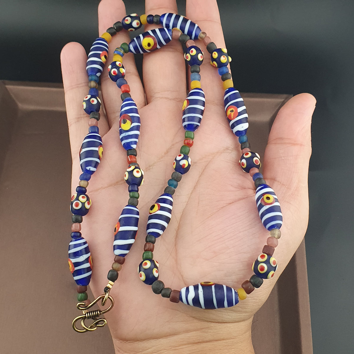 Vintage Venetian Style Strip Blue Eyes Skunk Trade Glass Beads Necklace