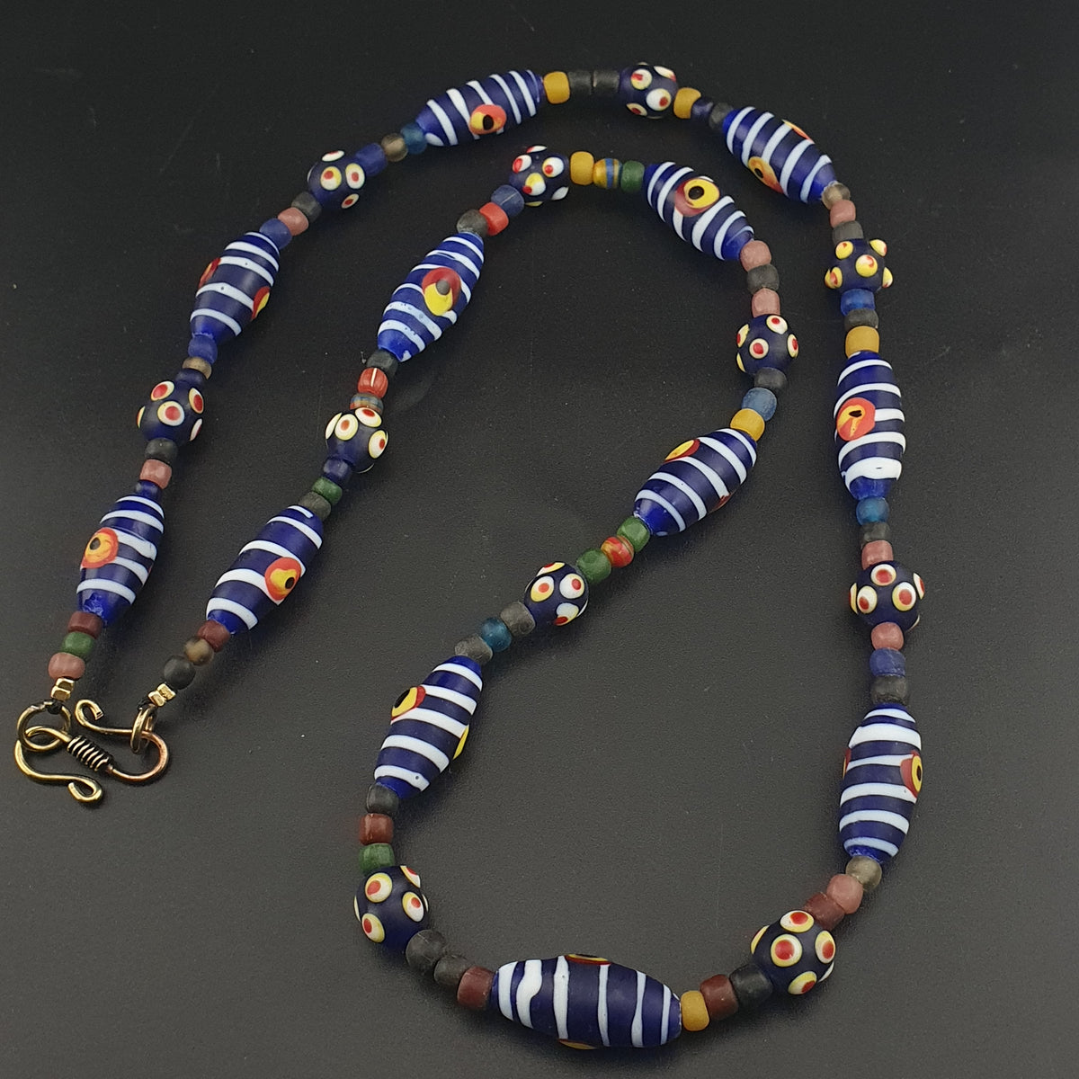 Vintage Venetian Style Strip Blue Eyes Skunk Trade Glass Beads Necklace