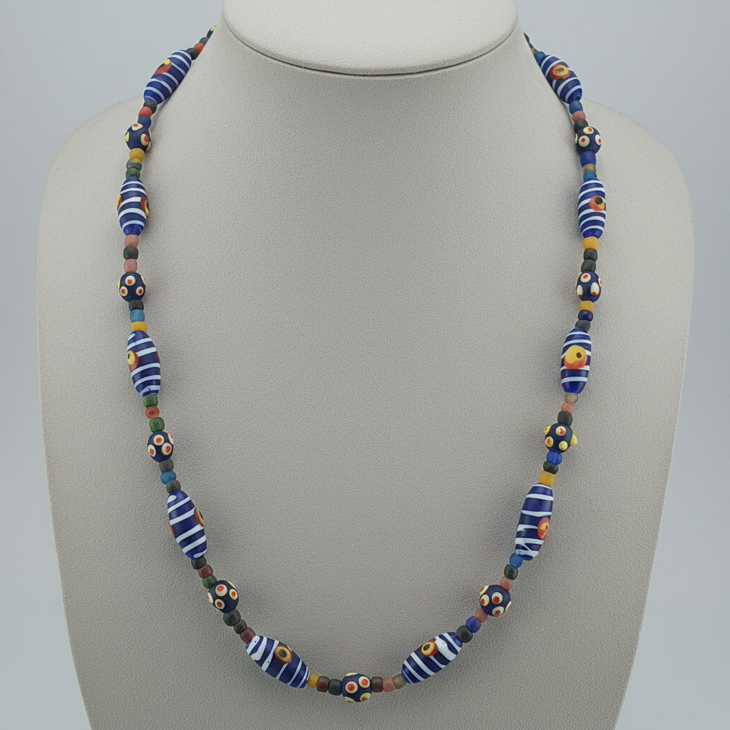 Vintage Venetian Style Strip Blue Eyes Skunk Trade Glass Beads Necklace