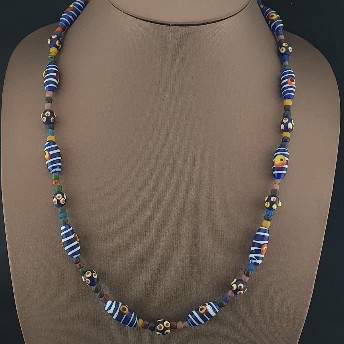 Vintage Venetian Style Strip Blue Eyes Skunk Trade Glass Beads Necklace