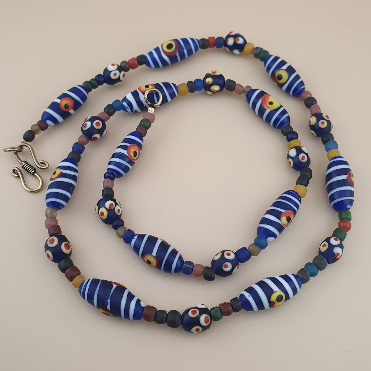 Vintage Venetian Style Strip Blue Eyes Skunk Trade Glass Beads Necklace