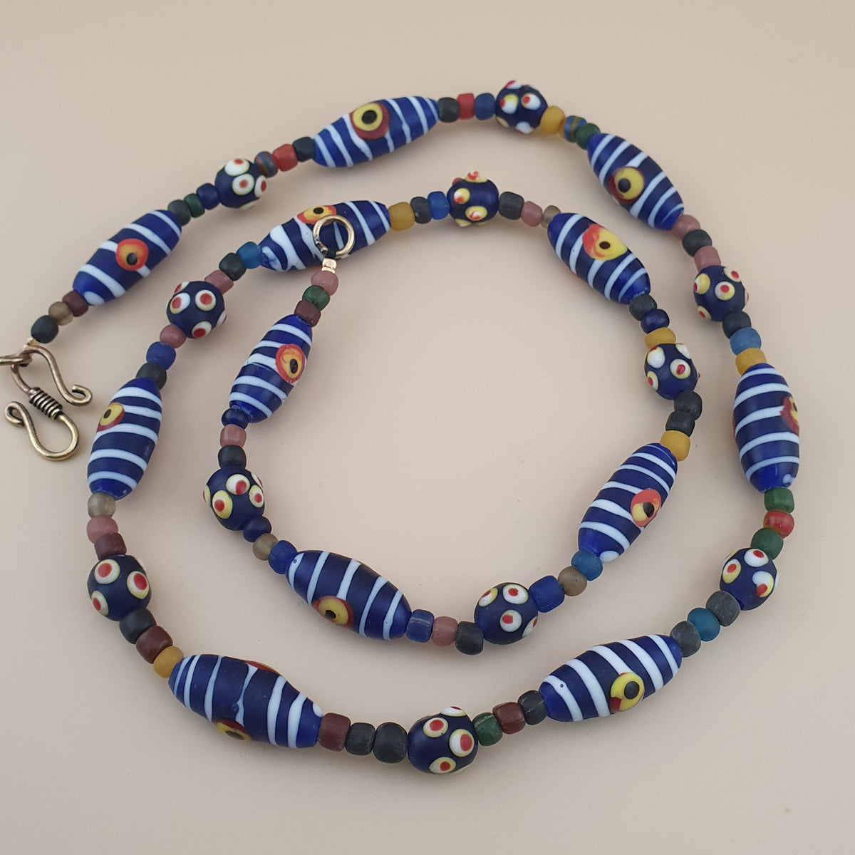 Vintage Venetian Style Strip Blue Eyes Skunk Trade Glass Beads Necklace