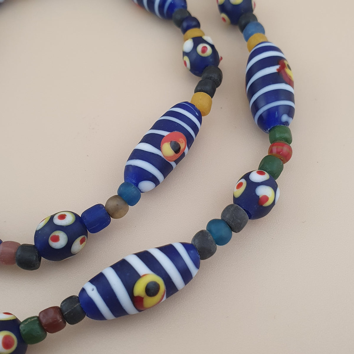 Vintage Venetian Style Strip Blue Eyes Skunk Trade Glass Beads Necklace