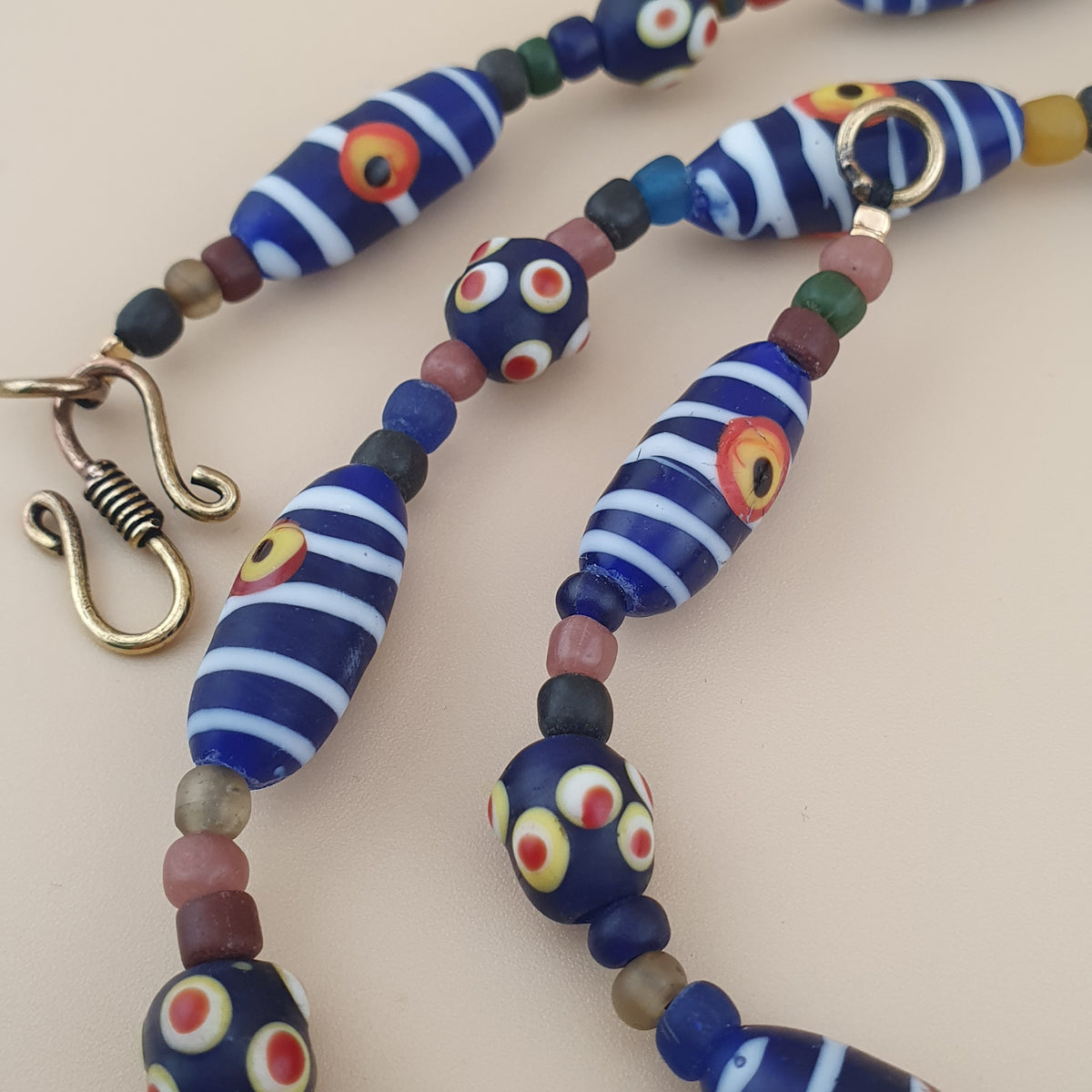 Vintage Venetian Style Strip Blue Eyes Skunk Trade Glass Beads Necklace