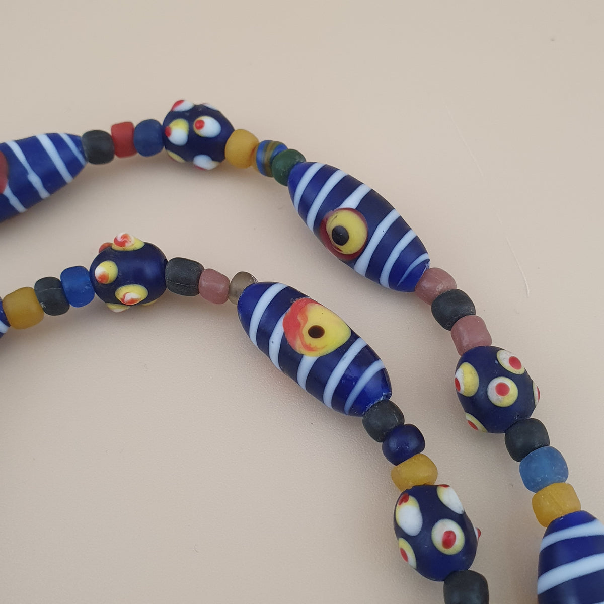 Vintage Venetian Style Strip Blue Eyes Skunk Trade Glass Beads Necklace