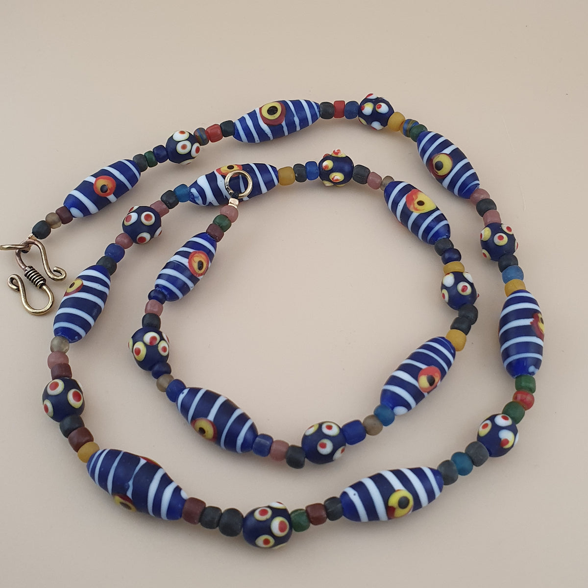 Vintage Venetian Style Strip Blue Eyes Skunk Trade Glass Beads Necklace