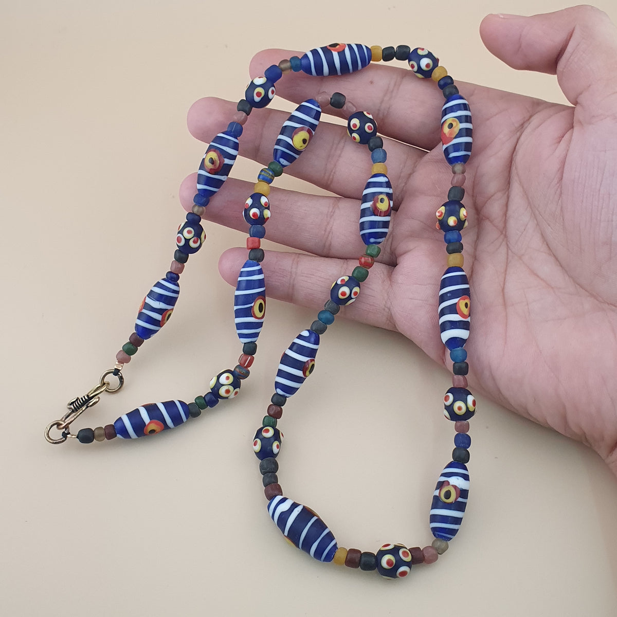 Vintage Venetian Style Strip Blue Eyes Skunk Trade Glass Beads Necklace
