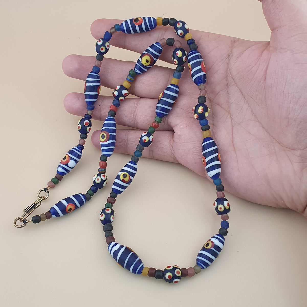 Vintage Venetian Style Strip Blue Eyes Skunk Trade Glass Beads Necklace