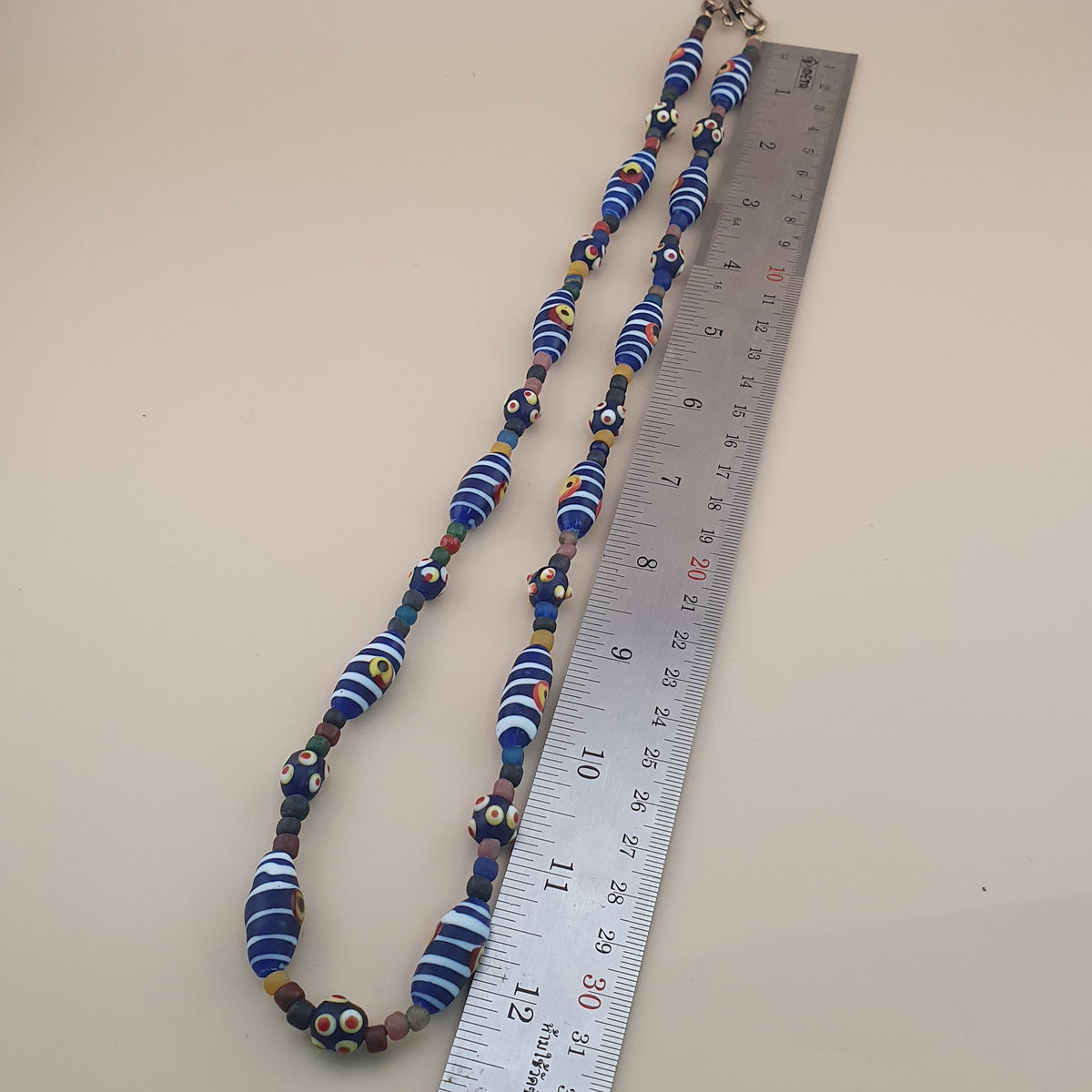 Vintage Venetian Style Strip Blue Eyes Skunk Trade Glass Beads Necklace