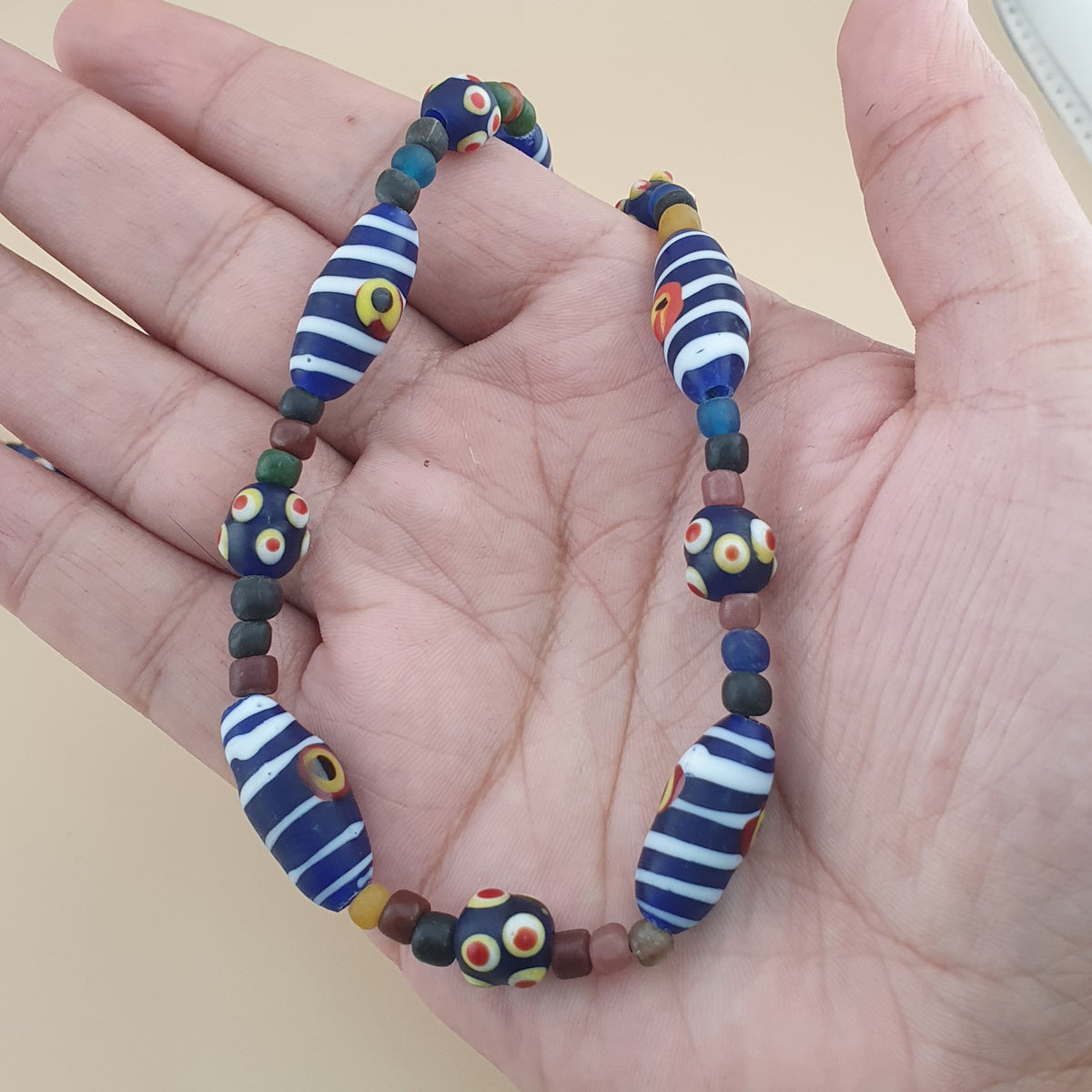 Vintage Venetian Style Strip Blue Eyes Skunk Trade Glass Beads Necklace