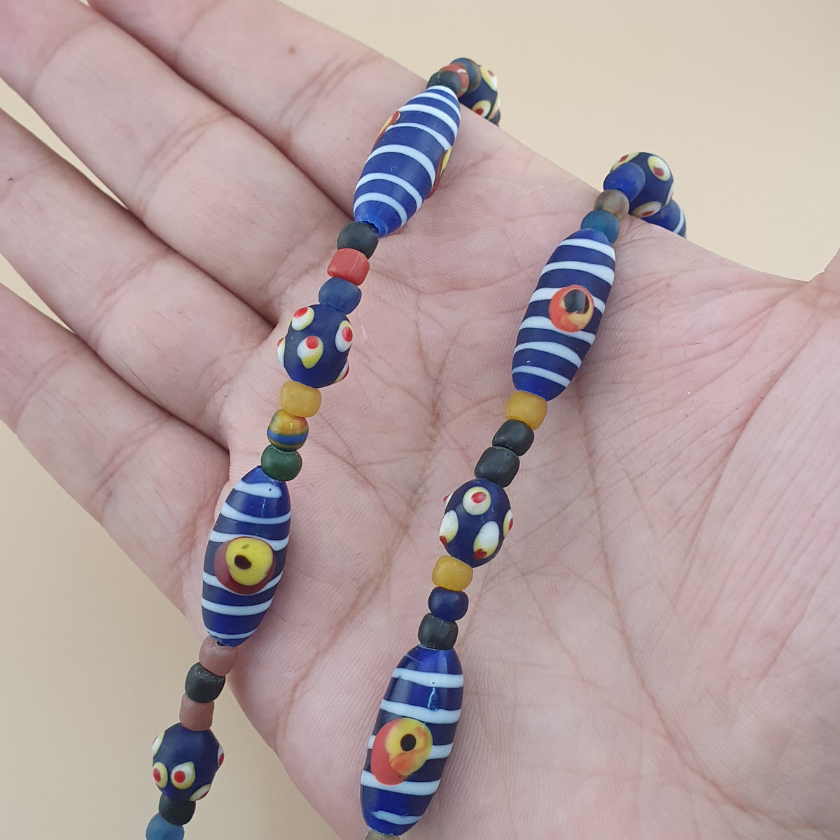 Vintage Venetian Style Strip Blue Eyes Skunk Trade Glass Beads Necklace