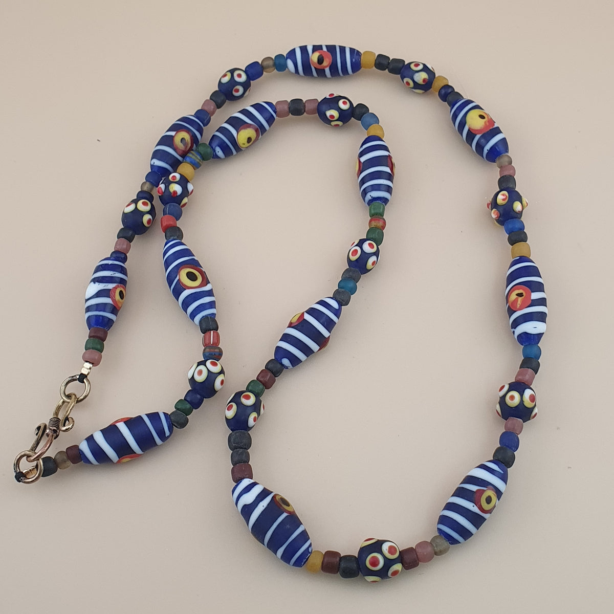 Vintage Venetian Style Strip Blue Eyes Skunk Trade Glass Beads Necklace
