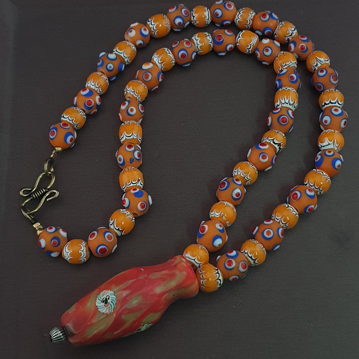 Vintage Venetian Style Skunk Eyes & Trade Glass Beads With old Face Glass Pendant Necklace
