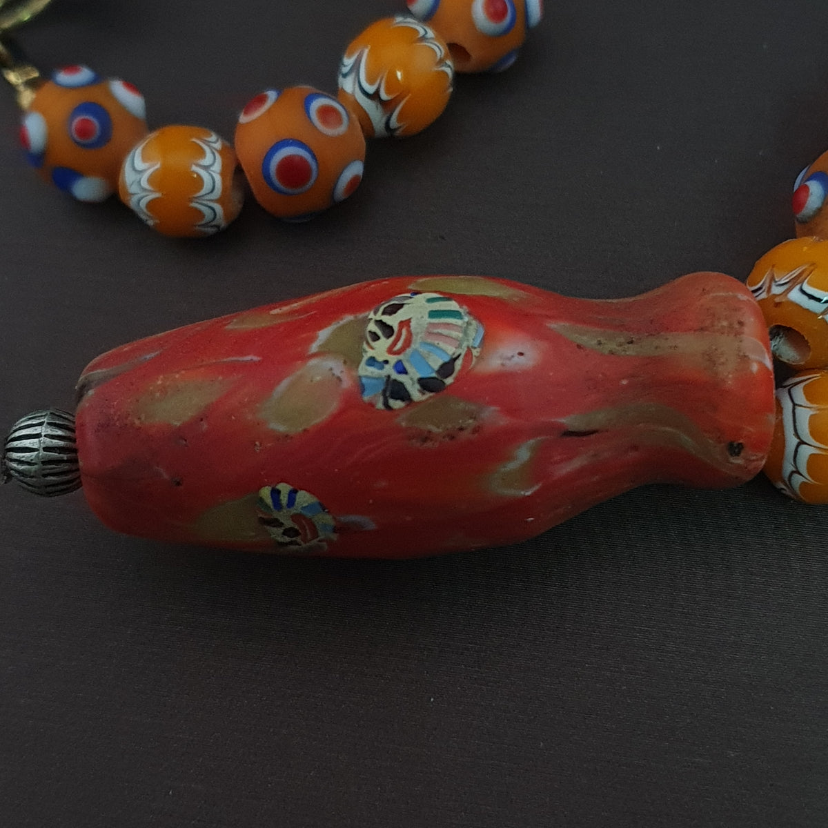 Vintage Venetian Style Skunk Eyes & Trade Glass Beads With old Face Glass Pendant Necklace