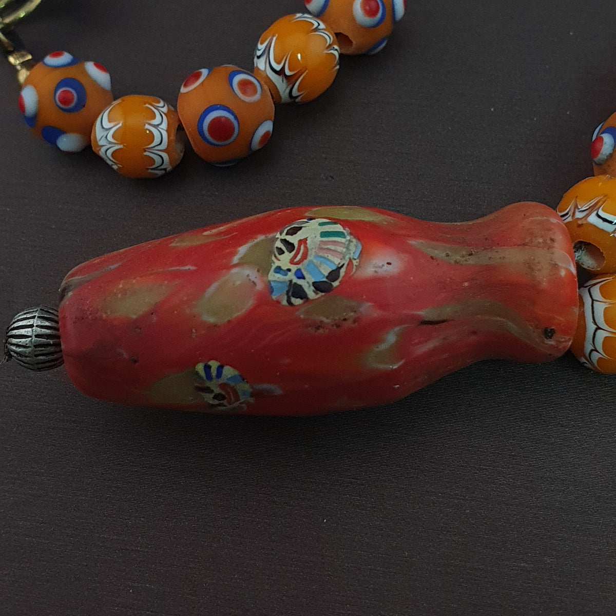 Vintage Venetian Style Skunk Eyes & Trade Glass Beads With old Face Glass Pendant Necklace