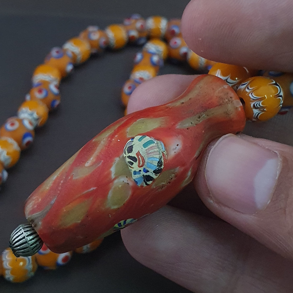 Vintage Venetian Style Skunk Eyes & Trade Glass Beads With old Face Glass Pendant Necklace