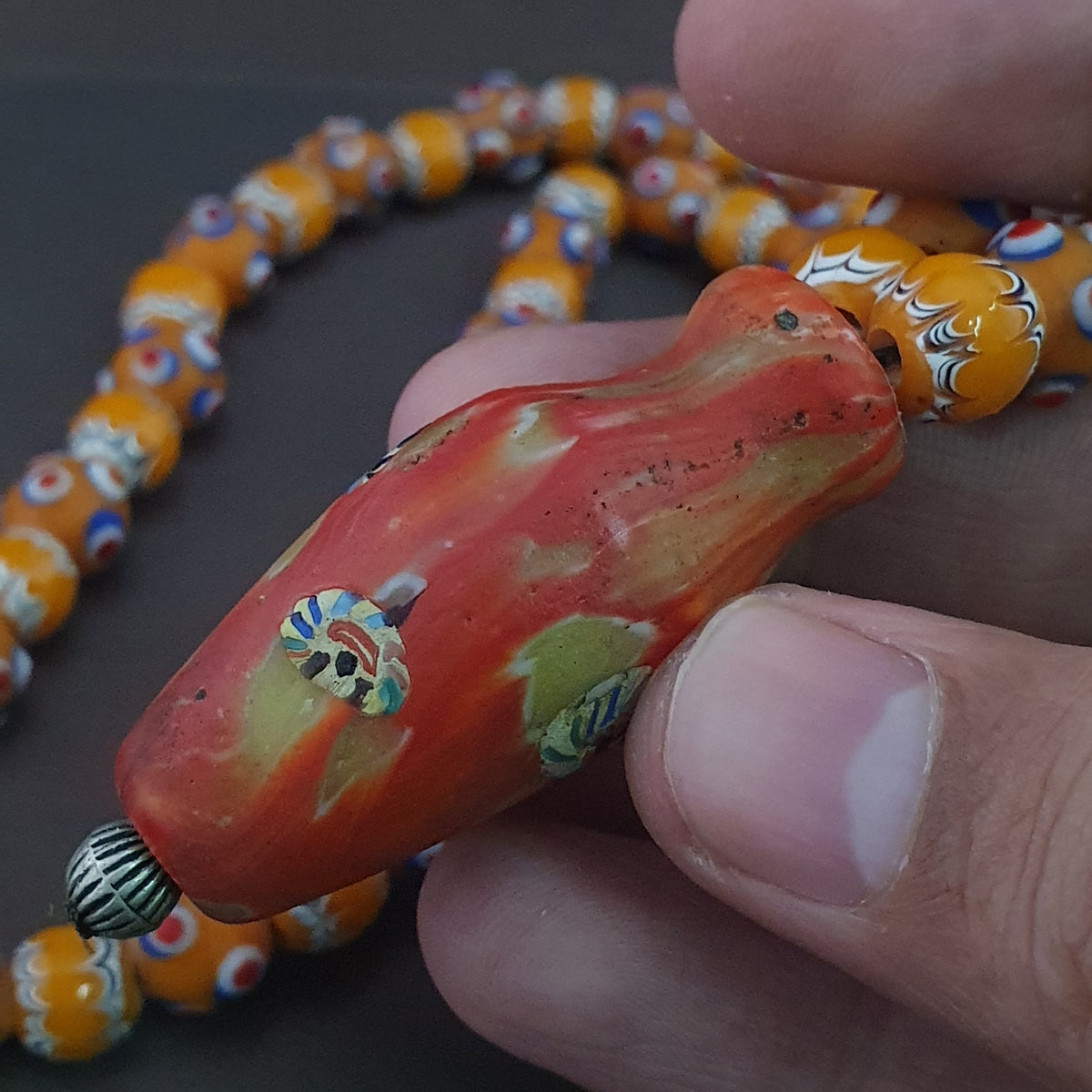 Vintage Venetian Style Skunk Eyes & Trade Glass Beads With old Face Glass Pendant Necklace