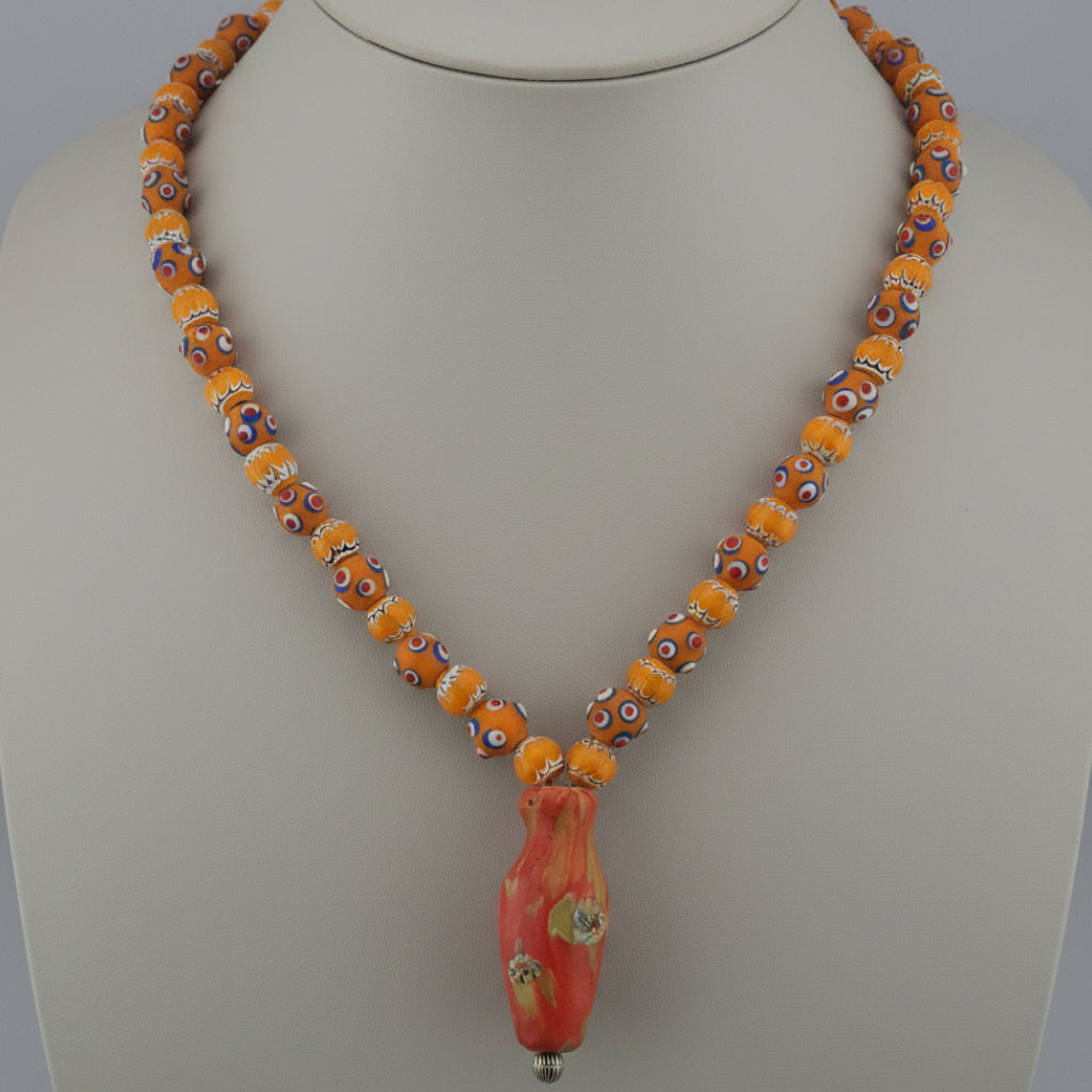 Vintage Venetian Style Skunk Eyes & Trade Glass Beads With old Face Glass Pendant Necklace