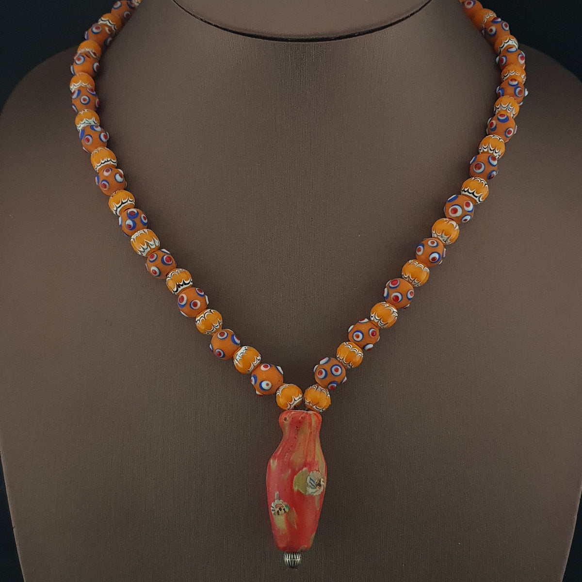 Vintage Venetian Style Skunk Eyes & Trade Glass Beads With old Face Glass Pendant Necklace