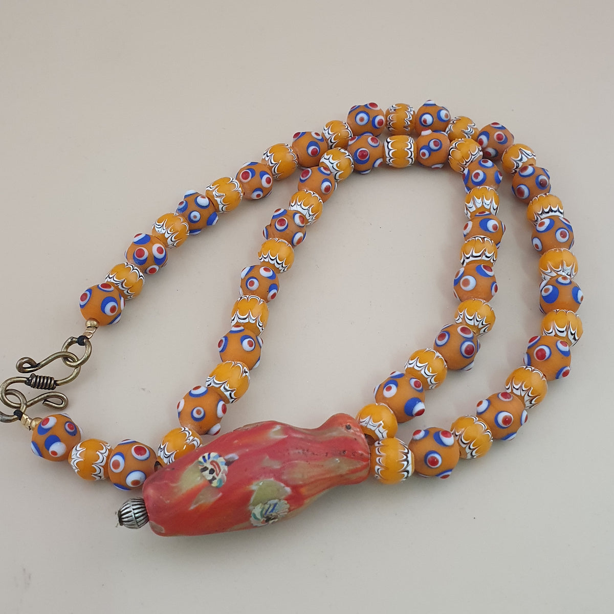 Vintage Venetian Style Skunk Eyes & Trade Glass Beads With old Face Glass Pendant Necklace