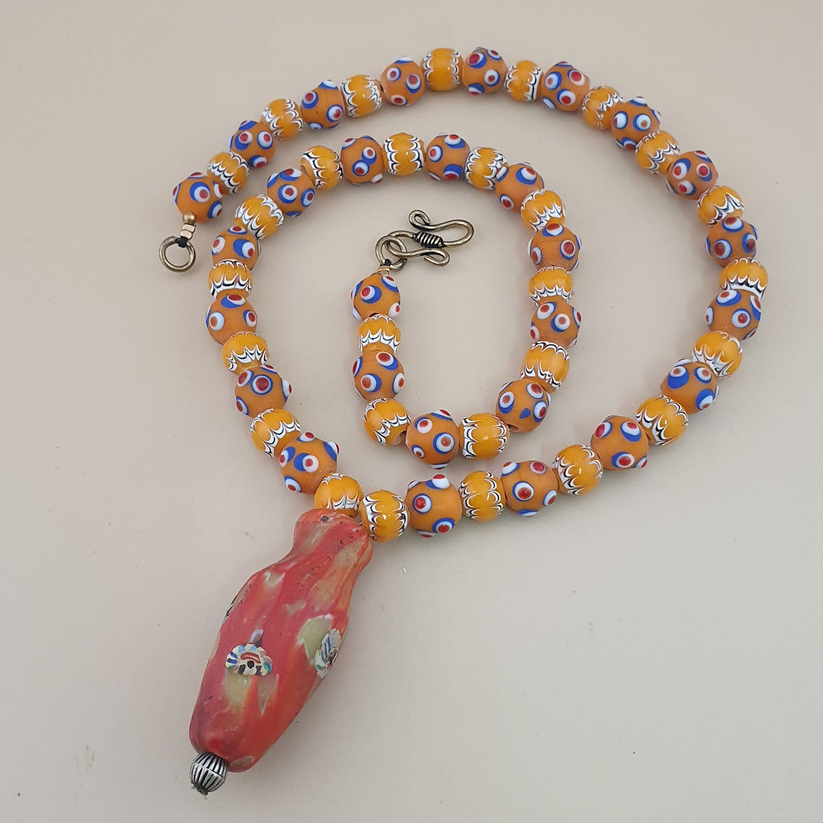 Vintage Venetian Style Skunk Eyes & Trade Glass Beads With old Face Glass Pendant Necklace