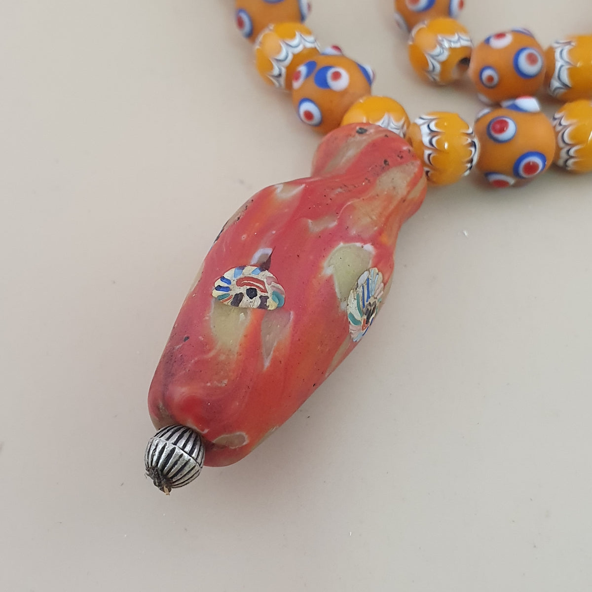Vintage Venetian Style Skunk Eyes & Trade Glass Beads With old Face Glass Pendant Necklace