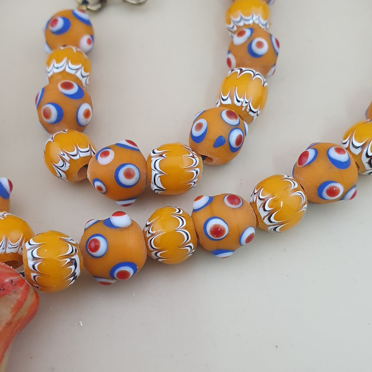 Vintage Venetian Style Skunk Eyes & Trade Glass Beads With old Face Glass Pendant Necklace