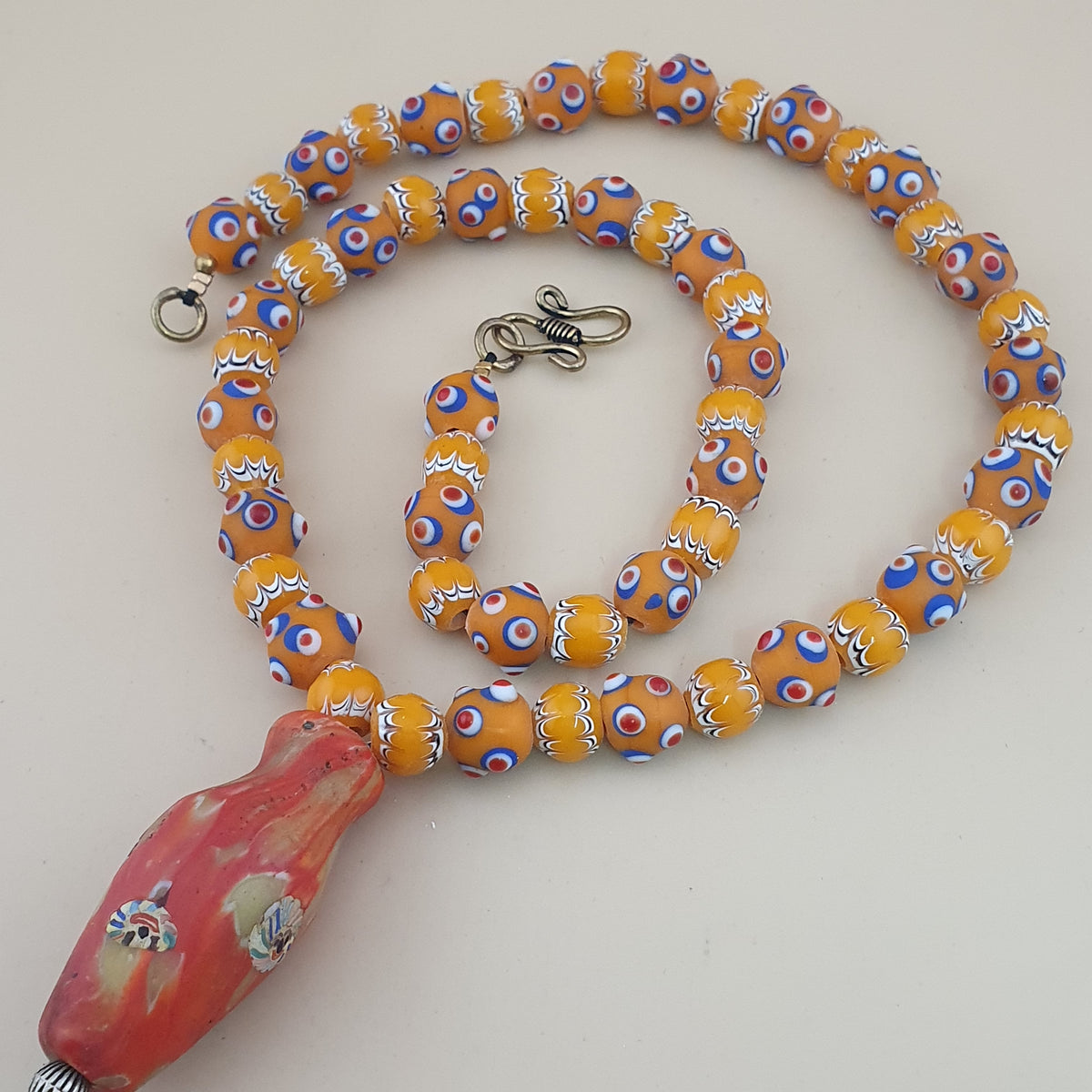 Vintage Venetian Style Skunk Eyes & Trade Glass Beads With old Face Glass Pendant Necklace